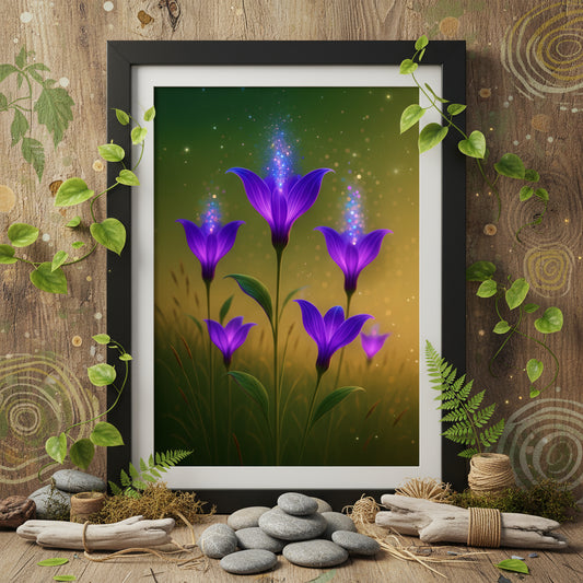 Artwork of purple flowers with a green gradient background