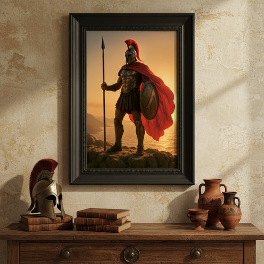 Spartan warrior with a red cape standing on a mountain with a sunset background