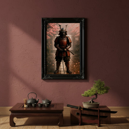 Samurai warrior in traditional armor standing in a cherry blossom garden.
