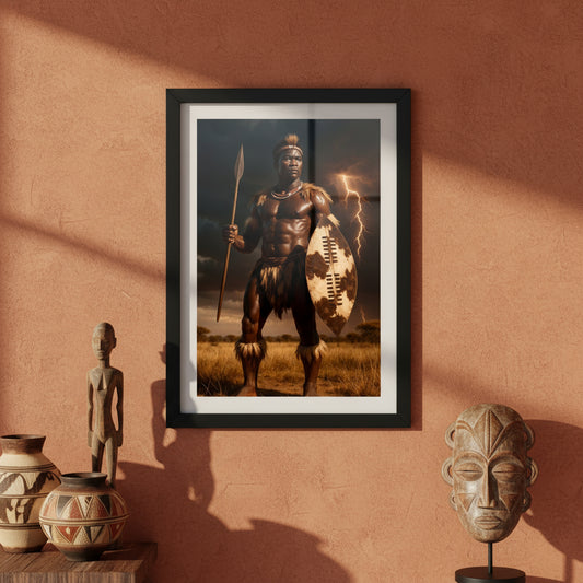 Warrior holding a spear and shield with a lightning bolt in the background