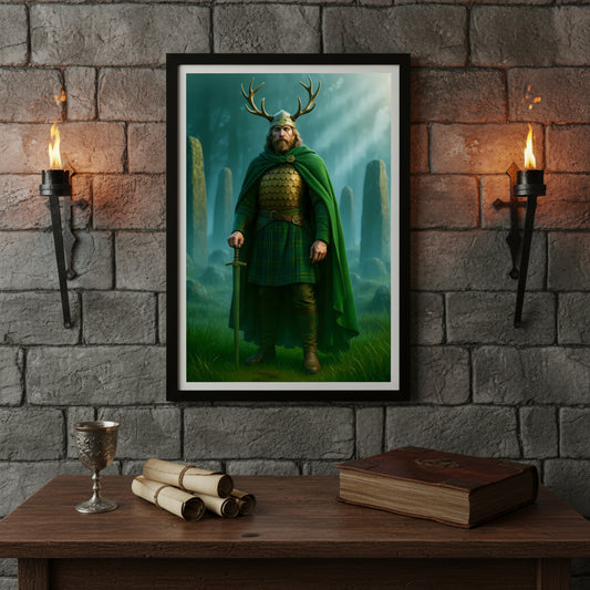 Fantasy character with antlers and a green cloak standing in a mystical forest.