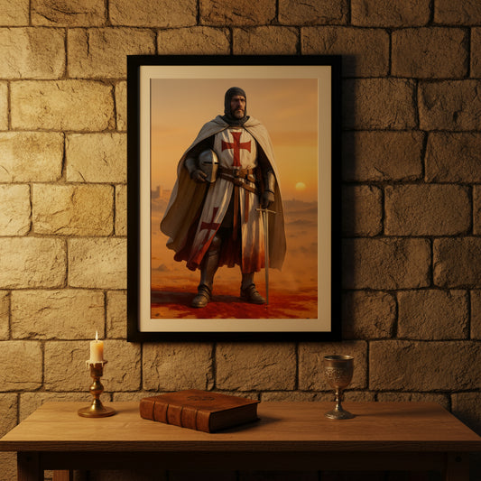 Knight in armor with a red cross on a desert landscape