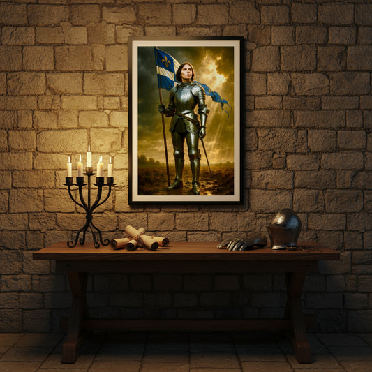 Person in medieval armor holding a flag against a dramatic sky