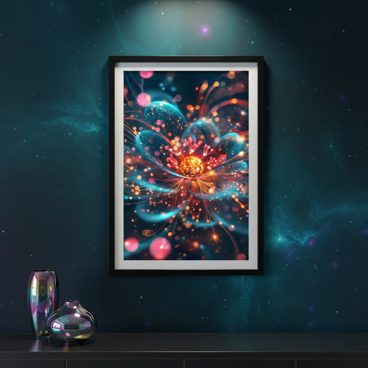 Framed abstract art piece on a dark wall with decorative vases below
