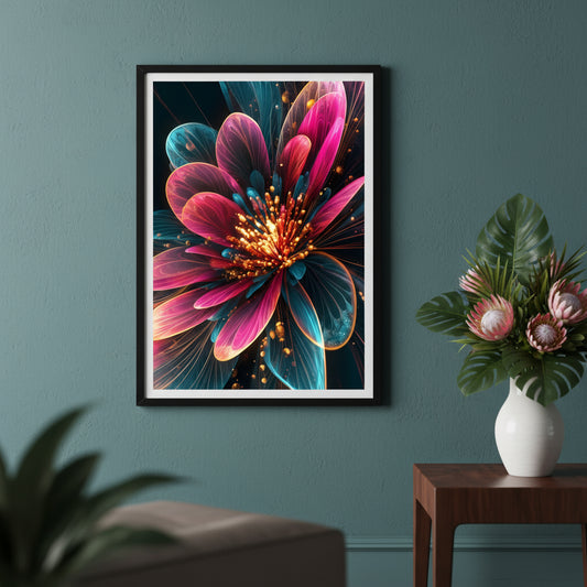 Framed colorful flower art on a teal wall with a vase of flowers on a table.