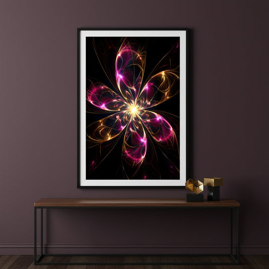 Framed abstract art of a colorful flower on a dark background, displayed on a wall above a wooden table.