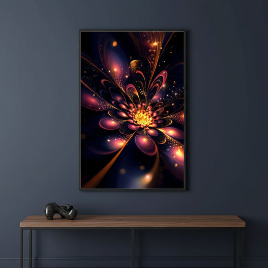 Framed abstract artwork on a dark wall above a wooden table.