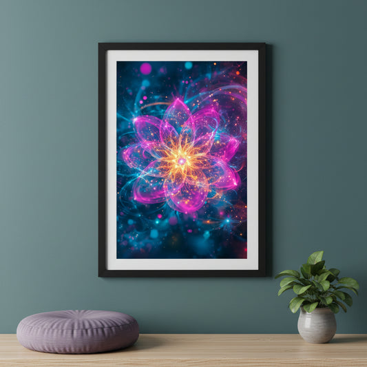 Framed colorful abstract flower art on a teal wall with a purple cushion and plant below.