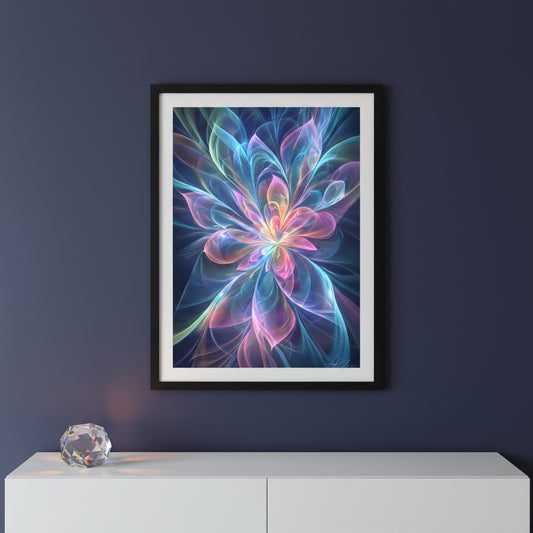 Framed abstract colorful flower art on a dark blue wall with a white cabinet below.