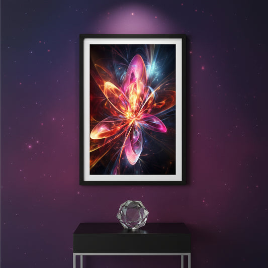 Framed abstract art of a colorful flower on a purple wall with a crystal on a table below.