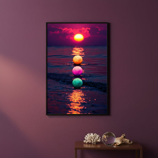 Framed artwork of colorful balls in water with sunset reflection on a purple wall.