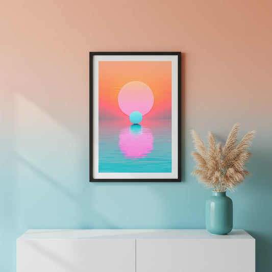 Framed abstract artwork with a pink and blue gradient on a wall with a vase of dried plants below.