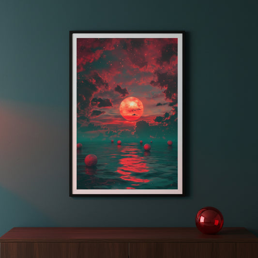 Framed artwork of a red sun setting over water with floating islands on a dark teal wall.