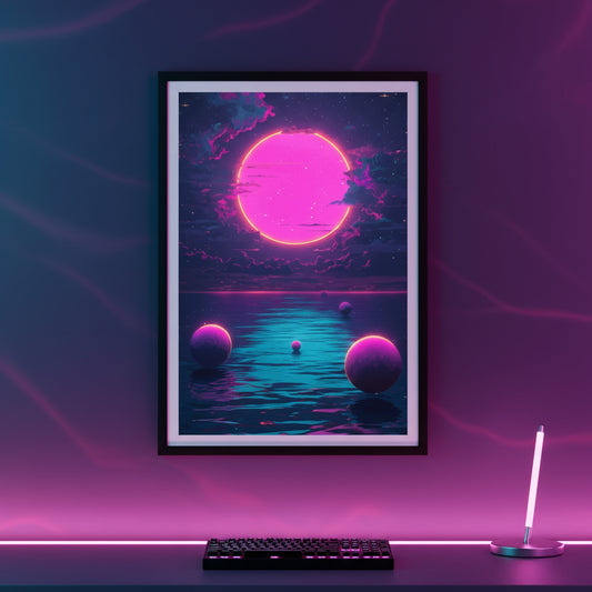 Futuristic artwork with a pink sun and planets on a purple wall.