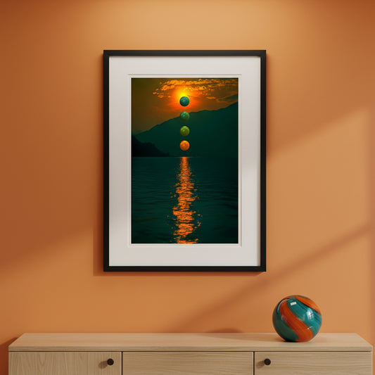 Framed artwork of a sunset over water with mountains, displayed on an orange wall above a wooden shelf.