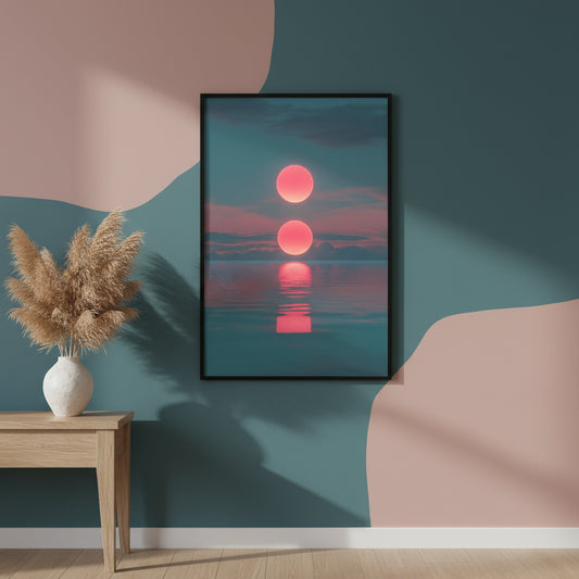Framed artwork of a sunset with two red suns on a teal wall, with a vase and dried plants on a wooden table.