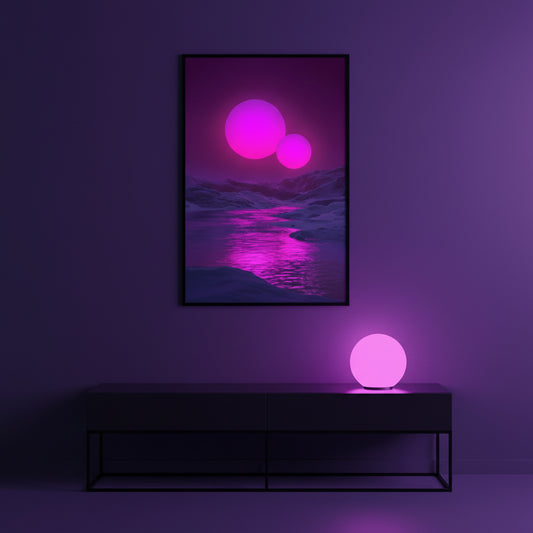 Framed artwork of a futuristic landscape with glowing pink spheres on a purple wall, accompanied by a matching lamp on a black console table.