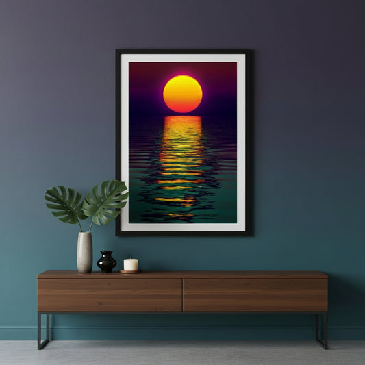 Framed artwork of a sunset over water on a wall above a wooden console table.