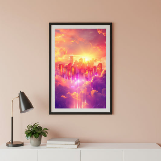 Framed artwork of a cityscape with vibrant colors on a wall above a white cabinet.
