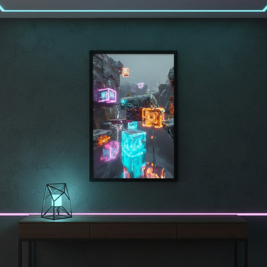 Framed artwork of a neon-lit cityscape on a dark wall with decorative lighting.