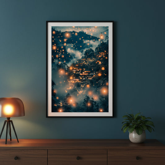 Framed artwork of a mountain village with lights on a dark blue wall above a wooden cabinet.