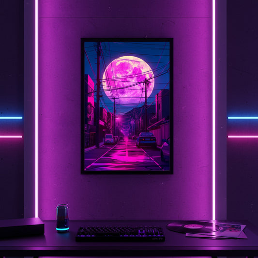 Futuristic cityscape with a large pink moon on a wall in a room with neon lights.