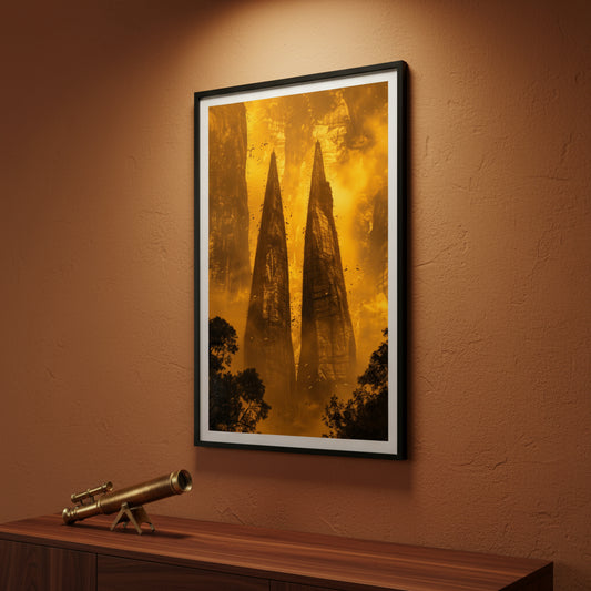 Framed artwork of two tall, pointed structures on a wall with a warm glow.