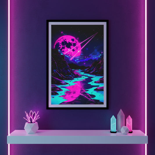 Futuristic landscape with a pink moon and blue reflections on a white background