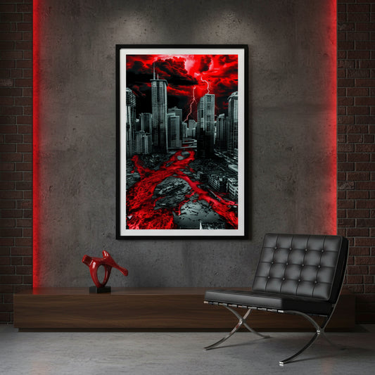 Apocalyptic cityscape with red liquid and lightning on a white background