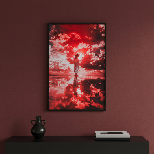 Person standing in water with a red and black abstract sky reflection