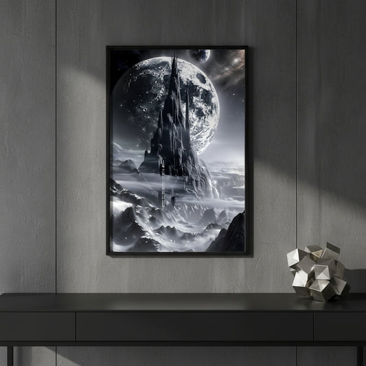 Futuristic cityscape with tall buildings against a large moon in a sci-fi setting