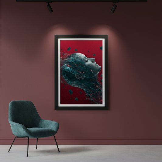 Framed artwork of a woman's face on a red background with a teal chair in front.