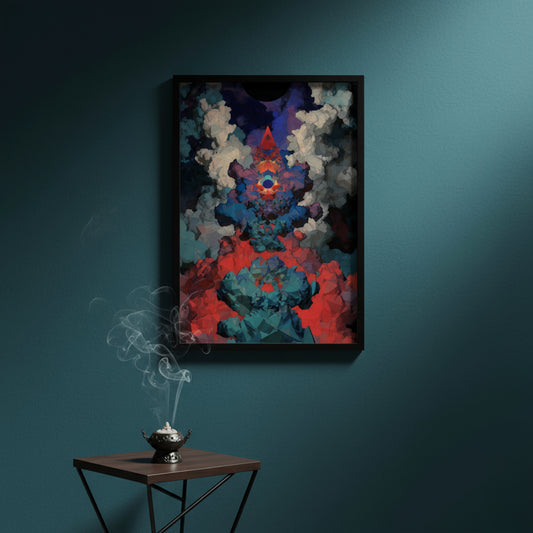 Abstract art print with vibrant colors on a white background