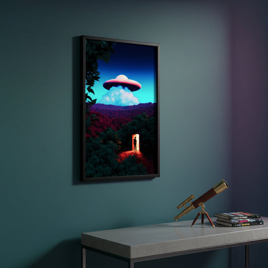 UFO hovering over a forest with a person standing inside a glowing door.