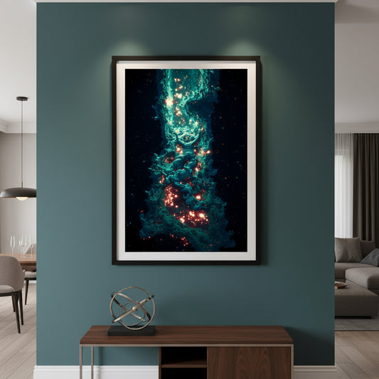 A glowing human figure floats weightlessly in a cosmic rift of teal clouds and radiant orange starlight. Their arms are outstretched as if ascending through a celestial current, surrounded by swirling nebulae and a sea of sparkling stars.