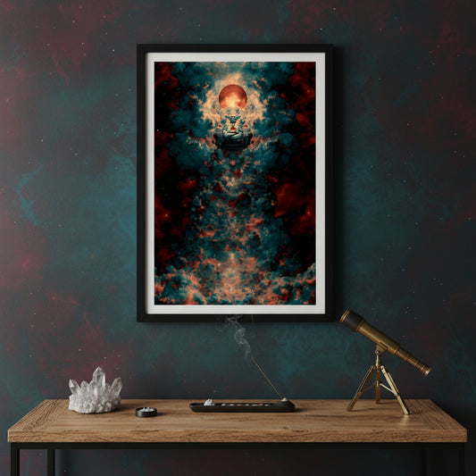 A meditative cosmic figure sits cross-legged in the centre of swirling teal and crimson clouds, cradling a glowing orb. Above its head, a radiant red planet or sun illuminates the scene, creating the impression of a divine being emerging from the fabric of the universe.