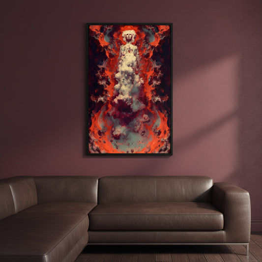 A surreal humanoid figure rises through a column of clouds and smoke, surrounded by swirling red, orange, and black cosmic textures. The figure’s face is calm and illuminated, evoking transcendence and ascension amid a fiery, dreamlike storm.
