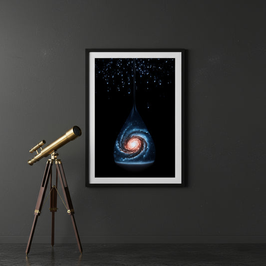 Artistic depiction of a galaxy inside a drop of water on a white background