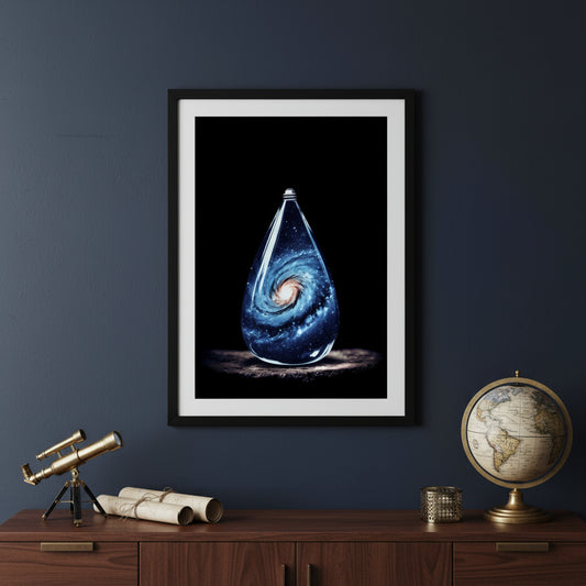 Artistic depiction of a galaxy inside a drop on a black background