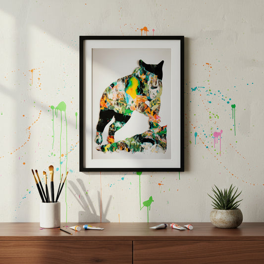 Bear silhouette filled with abstract multicolour paint textures on white canvas, modern wildlife art.