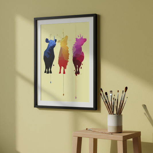 Minimal abstract animal trio in blue, yellow and pink, modern colourful wall art print
