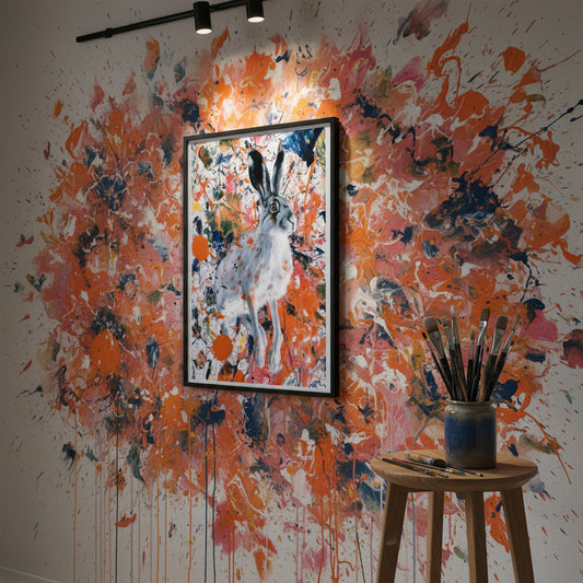 Realistic hare against abstract paint splatter background, vibrant modern wildlife artwork.