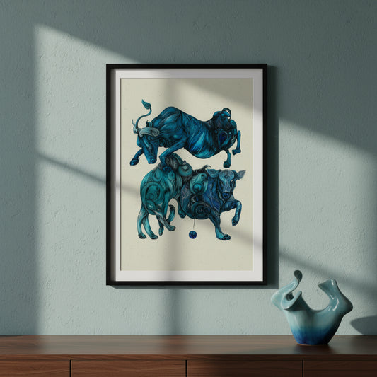 Abstract blue bull illustration with flowing line patterns, modern animal art print.