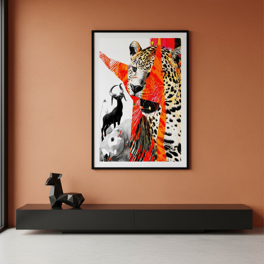 Collage style leopard and antelope artwork with bold red paint accents, contemporary animal art print.