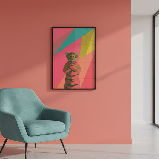 Geometric low-poly tiger illustration on bright pink and yellow background, modern graphic animal art