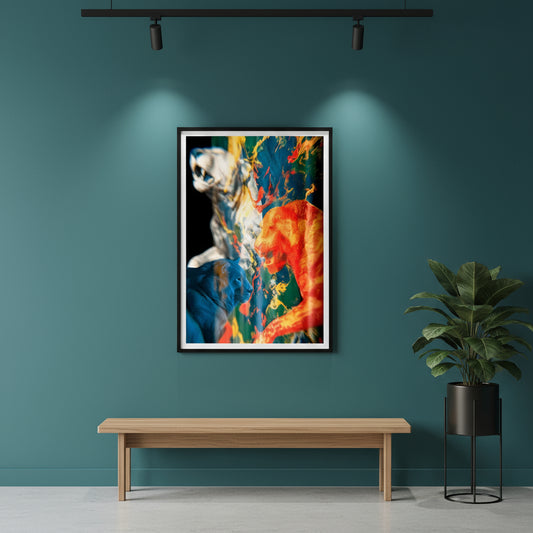 Abstract lion artwork with bold red, blue and yellow colours, modern digital big cat wall art print.