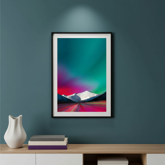 Minimal neon gradient sky with snowy mountains and colour-streaked valley, modern abstract landscape art.