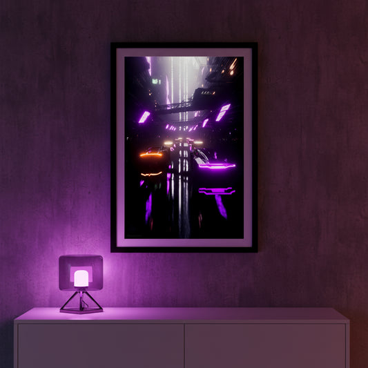 Framed artwork of a futuristic cityscape with neon lights on a purple wall.