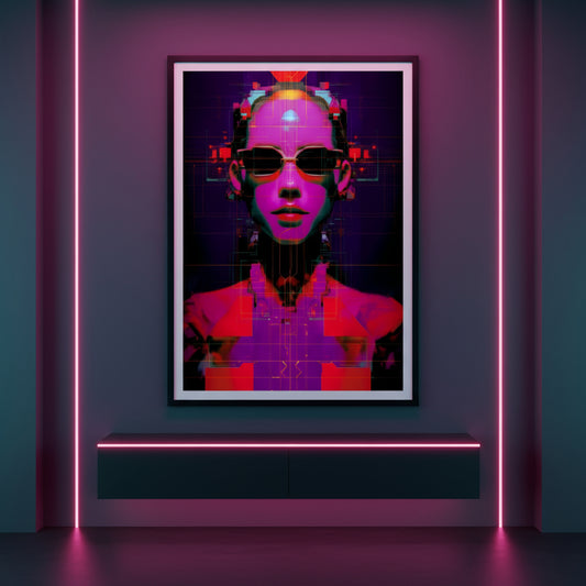 Futuristic portrait art piece with neon lighting on a dark wall.