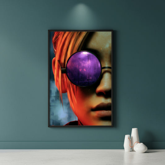Cyberpunk girl wearing purple goggles with a colorful background